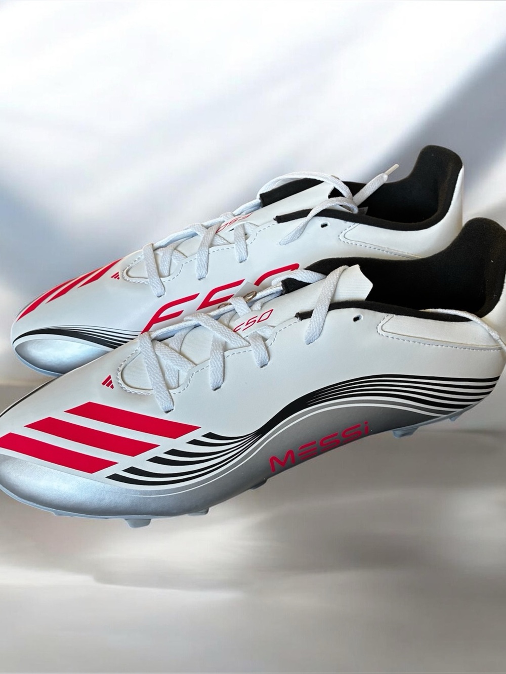 Adidas Messi Club  F50  FG/MG White Red Soccer Cleats Size 11.5 men/ 12.5 women.